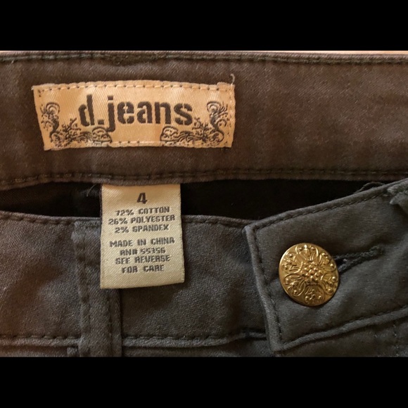 Soft, olive color jeans with brass colored trim. - Picture 3 of 5